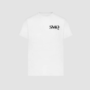 A plain white t-shirt with the initials 'SMQ' printed in black on the left chest area.