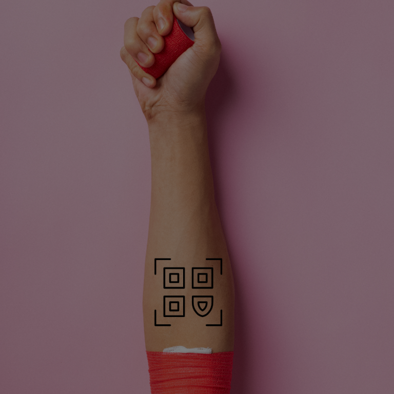 Close-up of a donor's arm with a red bandage and a smiling QR code, highlighting the positive impact of blood donations.