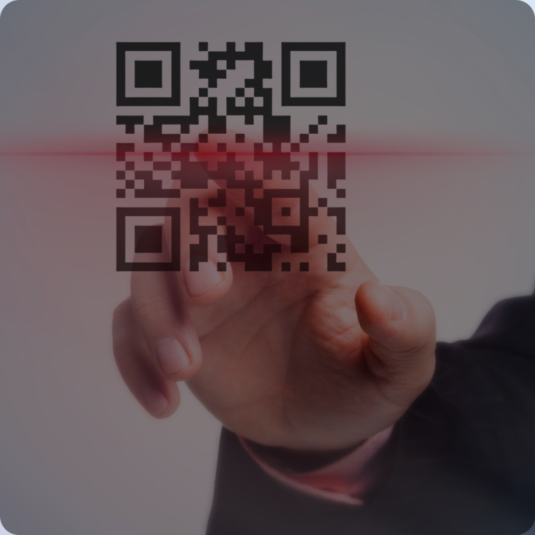 A close-up of a hand presenting a digitally distorted QR code floating above it, implying advanced digital interaction or augmented reality technology.